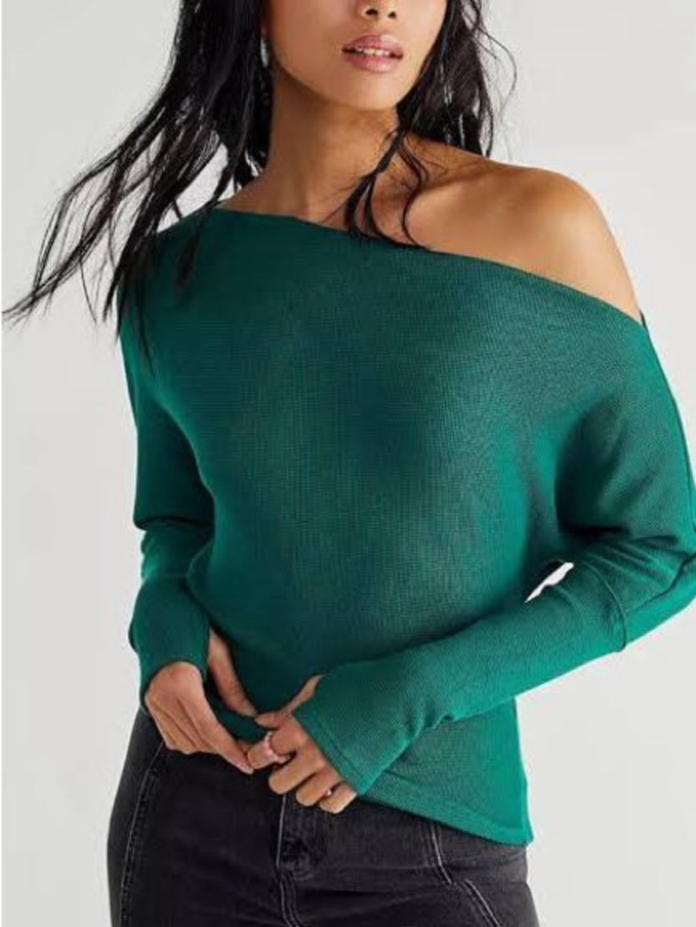 Free People Off-Shoulder Rib Knit Top in Jewel Green